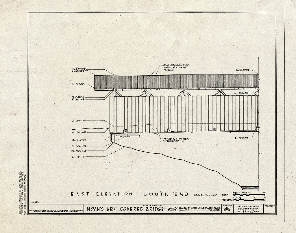 Blueprint 10. East Elevation-South End - Noah's Ark Covered Bridge, County Route B Over Little Platte River, Hoover, Platte County, MO