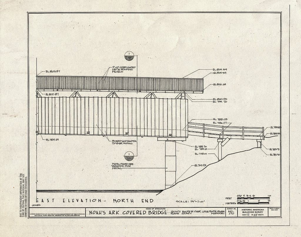 Blueprint 11. East Elevation-North End - Noah's Ark Covered Bridge, County Route B Over Little Platte River, Hoover, Platte County, MO