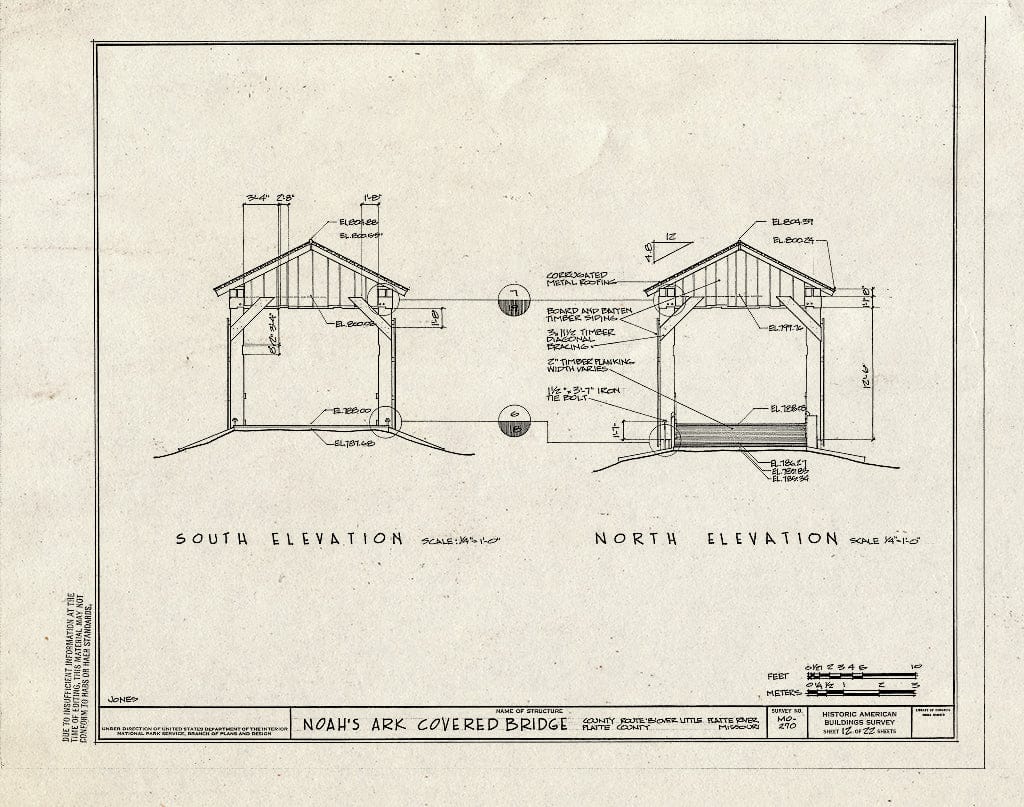 Blueprint 12. South Elevation, North Elevation - Noah's Ark Covered Bridge, County Route B Over Little Platte River, Hoover, Platte County, MO