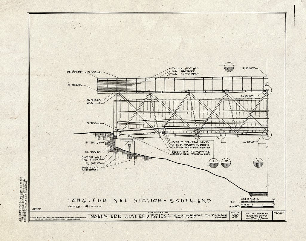 Blueprint 13. Longitudinal Section-South End - Noah's Ark Covered Bridge, County Route B Over Little Platte River, Hoover, Platte County, MO