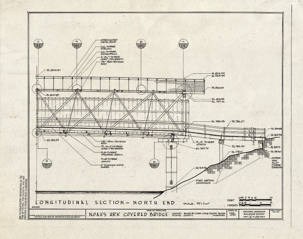 Blueprint 14. Longitudinal Section-North End - Noah's Ark Covered Bridge, County Route B Over Little Platte River, Hoover, Platte County, MO