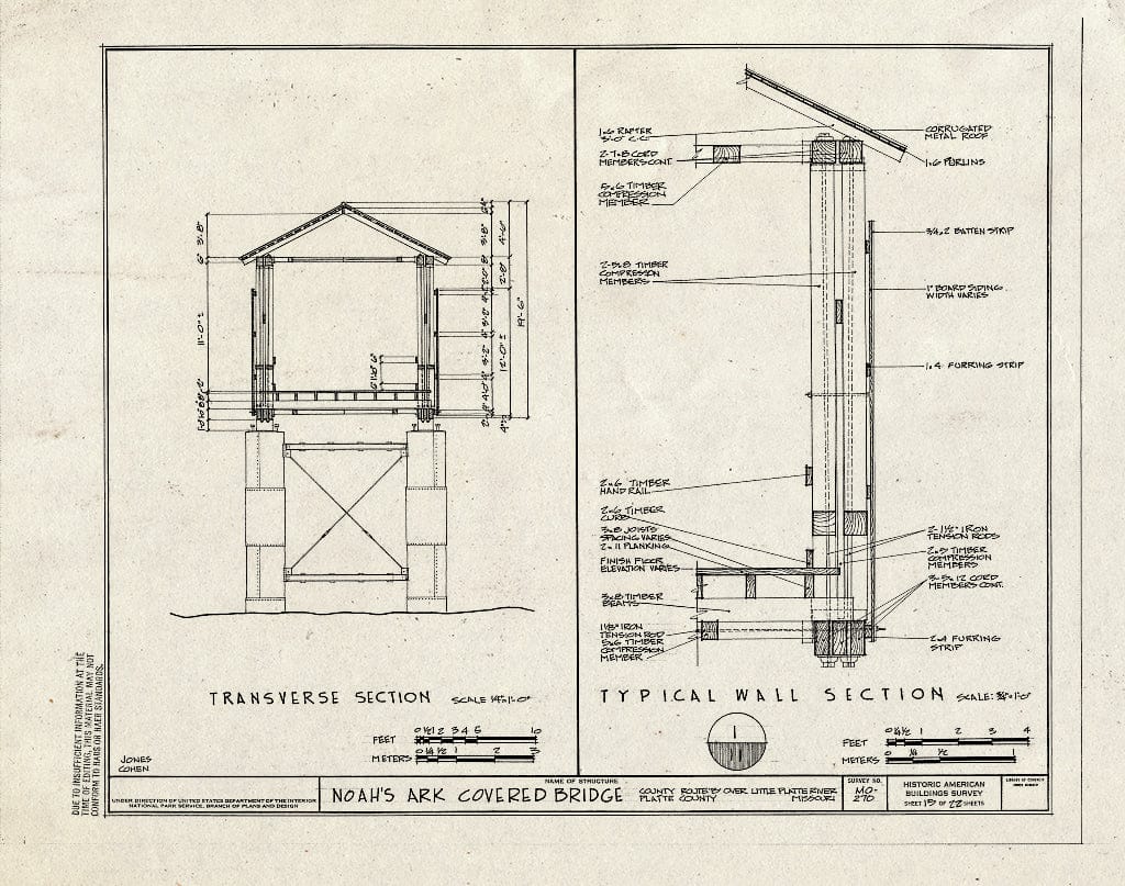 Blueprint 15. Transverse Section, Typical Wall Section - Noah's Ark Covered Bridge, County Route B Over Little Platte River, Hoover, Platte County, MO