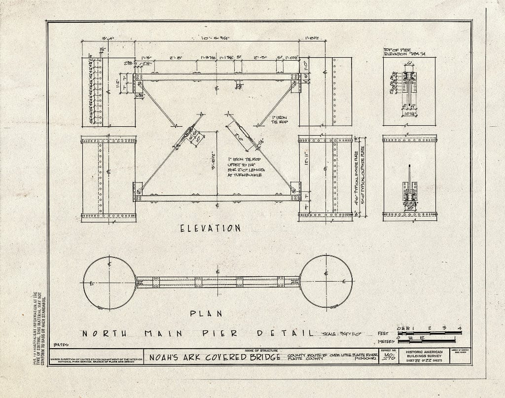 Blueprint 22. Elevation, North Main Pier Detail - Noah's Ark Covered Bridge, County Route B Over Little Platte River, Hoover, Platte County, MO