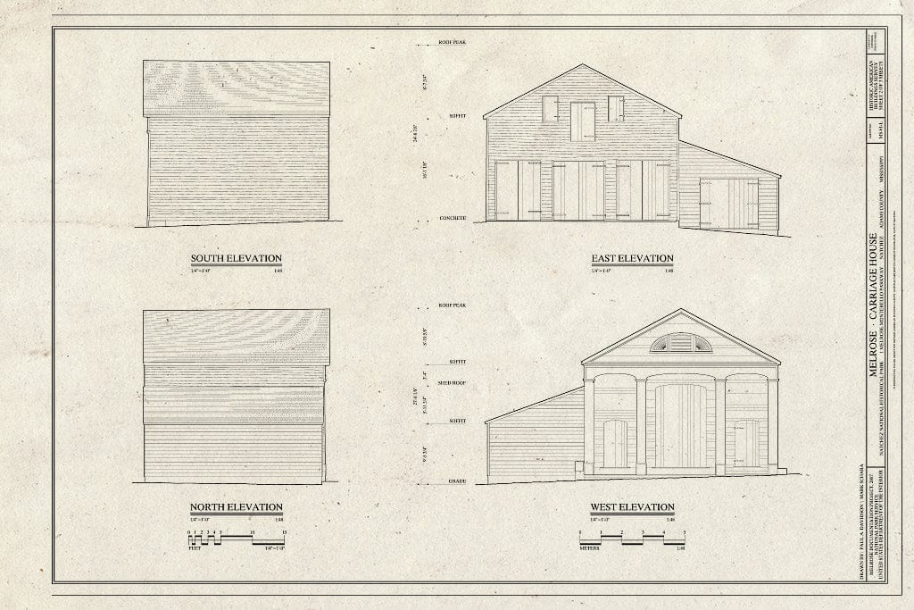 Blueprint Elevations - Melrose, Carriage House, 1 Melrose-Montebello Parkway, Natchez, Adams County, MS