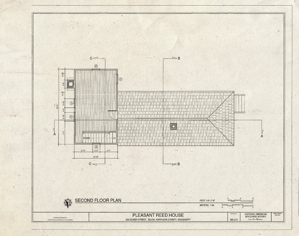 Historic Pictoric : Blueprint Second Floor Plan - Pleasant Reed House, 386 Beach Boulevard (Moved from 928 Elmer Street), Biloxi, Harrison County, MS