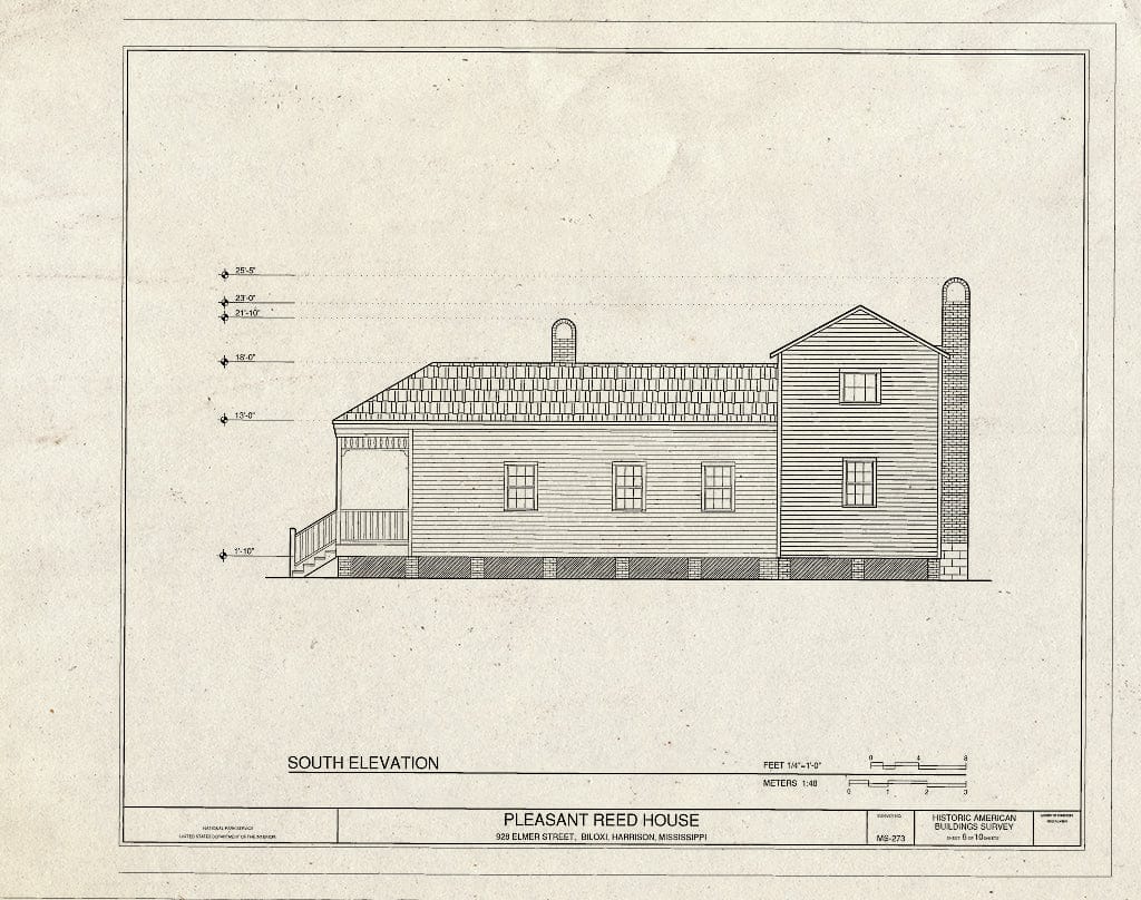 Historic Pictoric : Blueprint South Elevation - Pleasant Reed House, 386 Beach Boulevard (Moved from 928 Elmer Street), Biloxi, Harrison County, MS