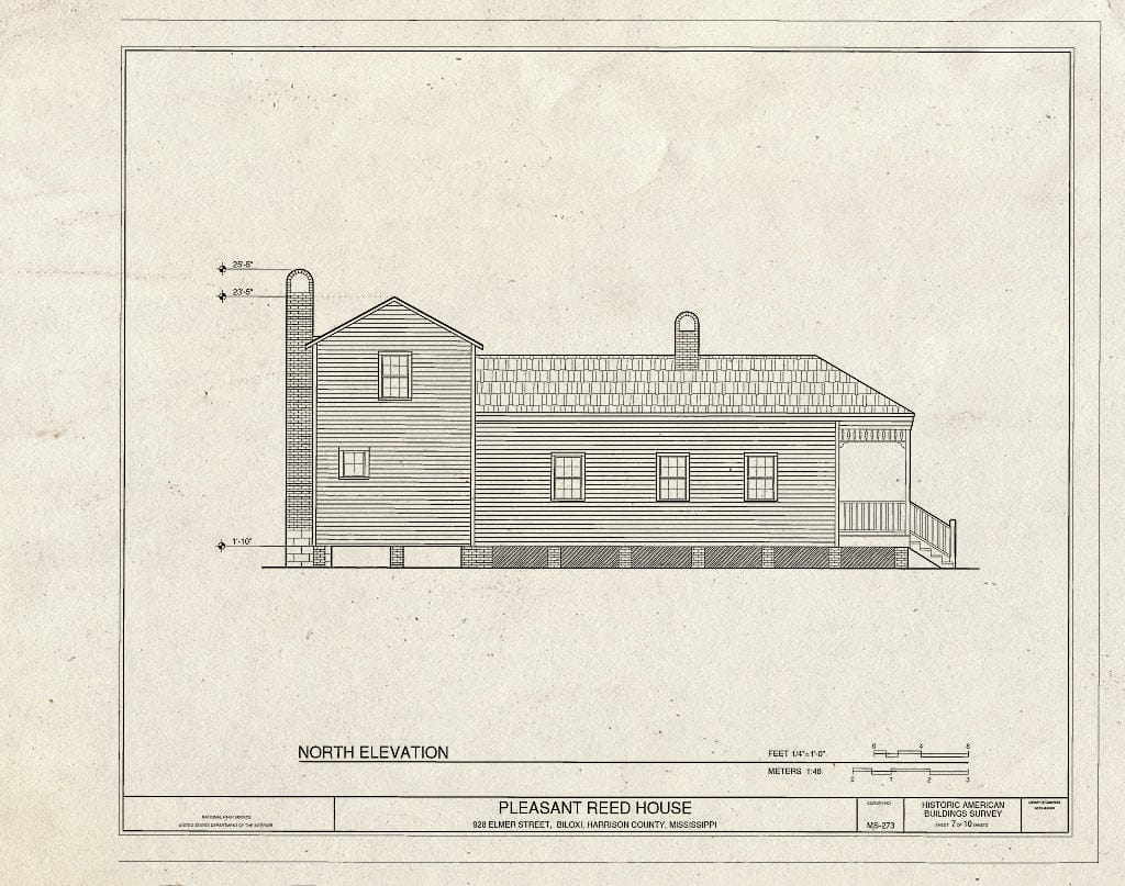 Historic Pictoric : Blueprint North Elevation - Pleasant Reed House, 386 Beach Boulevard (Moved from 928 Elmer Street), Biloxi, Harrison County, MS