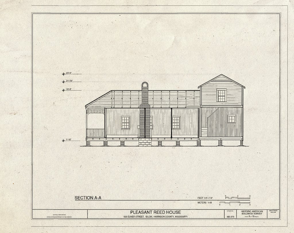 Historic Pictoric : Blueprint Section - Pleasant Reed House, 386 Beach Boulevard (Moved from 928 Elmer Street), Biloxi, Harrison County, MS