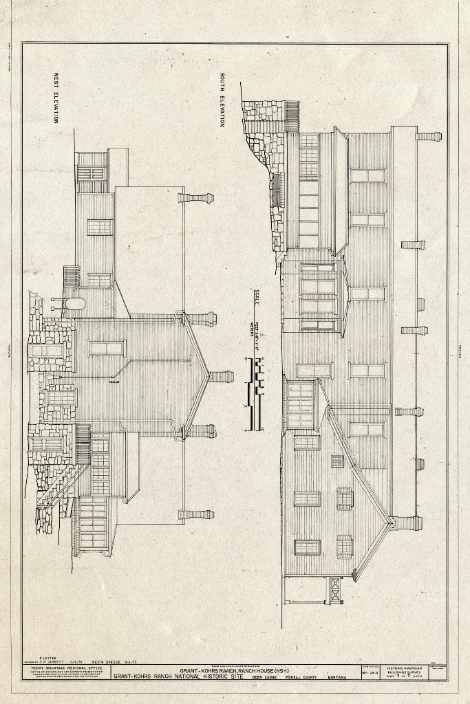 Historic Pictoric : Blueprint South and West Elevations - Grant-Kohrs Ranch, Ranch House, Highway 10, Deer Lodge, Powell County, MT