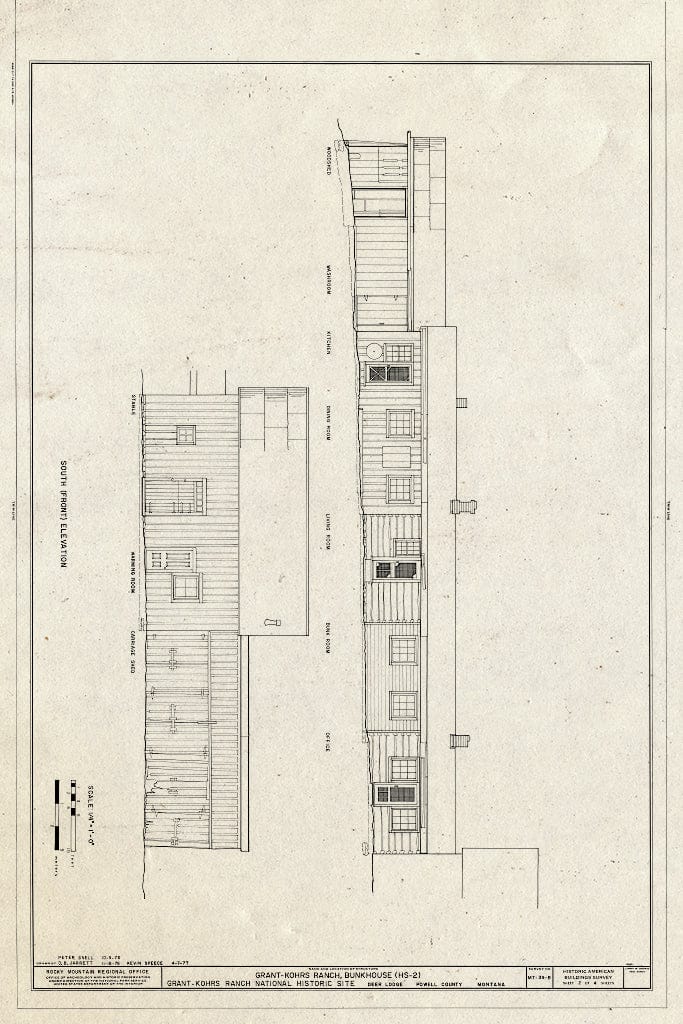 Historic Pictoric : Blueprint South (Front) Elevation - Grant-Kohrs Ranch, Bunkhouse, Highway 10, Deer Lodge, Powell County, MT