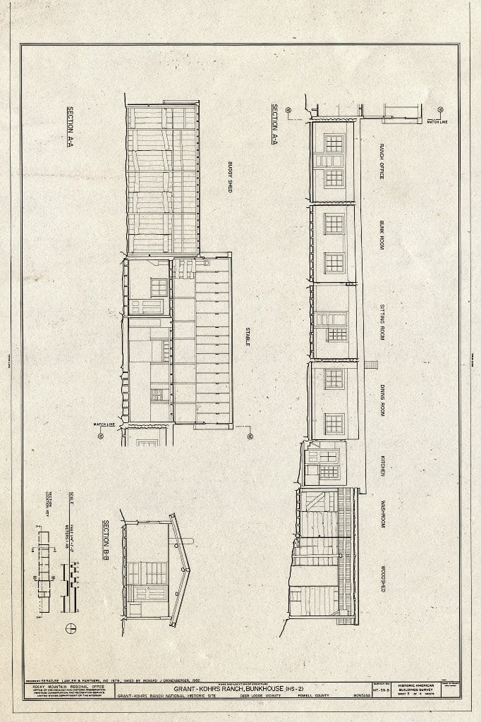 Historic Pictoric : Blueprint Sections - Grant-Kohrs Ranch, Bunkhouse, Highway 10, Deer Lodge, Powell County, MT