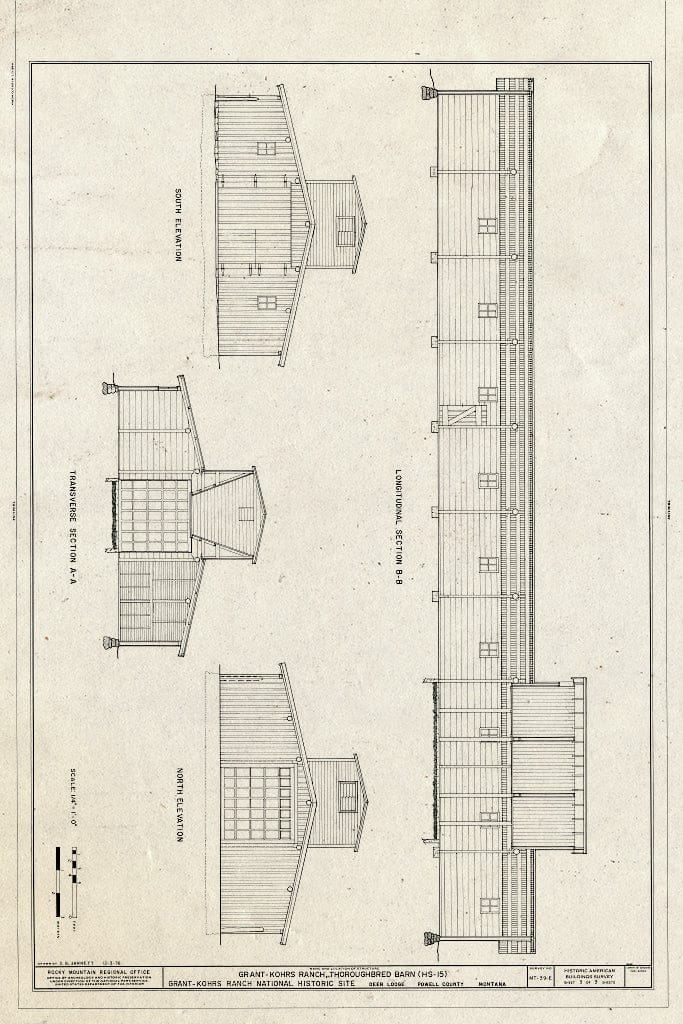 Historic Pictoric : Blueprint Sections and North and South Elevations - Grant-Kohrs Ranch, Thoroughbred Barn, Highway 10, Deer Lodge, Powell County, MT