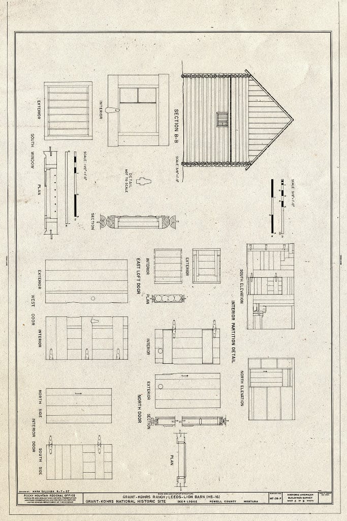 Historic Pictoric : Blueprint Section and Door Details - Grant-Kohrs Ranch, Leeds-Lion Barn, Highway 10, Deer Lodge, Powell County, MT