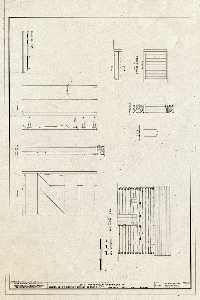 Historic Pictoric : Blueprint West Elevation, Window Detail, and Door Details - Grant-Kohrs Ranch, Ox Barn, Highway 10, Deer Lodge, Powell County, MT