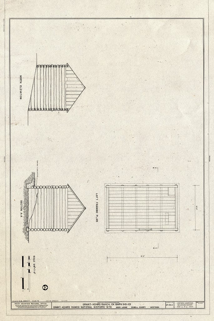 Historic Pictoric : Blueprint North Elevation, Loft Framing Plan, and Section - Grant-Kohrs Ranch, Ox Barn, Highway 10, Deer Lodge, Powell County, MT