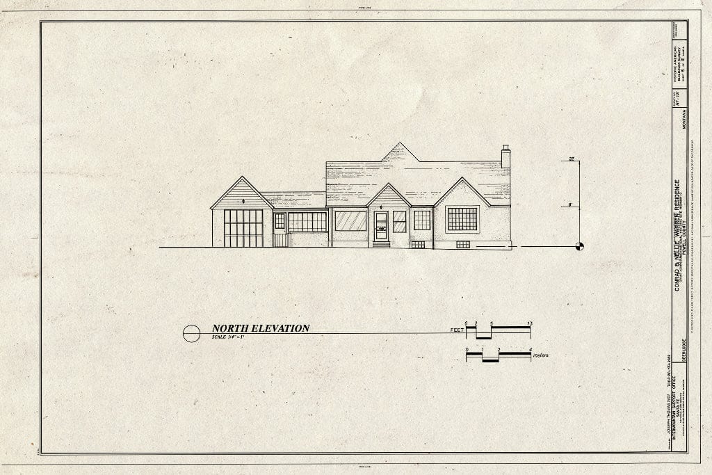 Historic Pictoric : Blueprint North Elevation - Conrad & Nellie Warren Residence, Highway 10, Deer Lodge, Powell County, MT