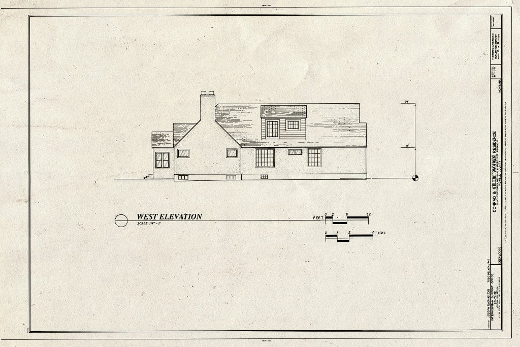 Historic Pictoric : Blueprint West Elevation - Conrad & Nellie Warren Residence, Highway 10, Deer Lodge, Powell County, MT