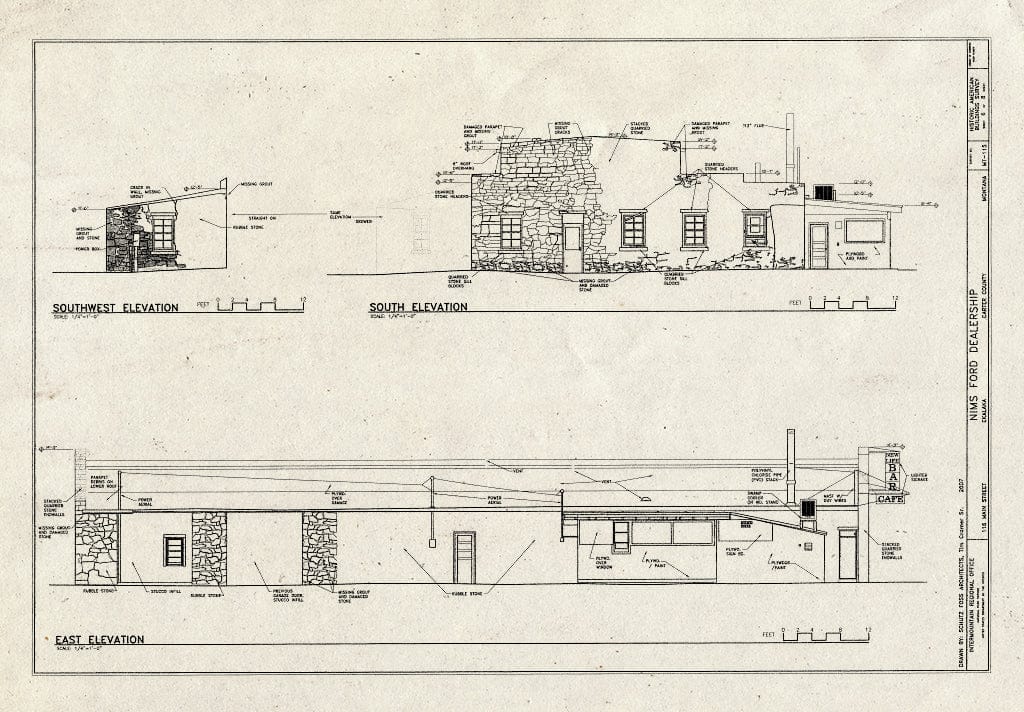 Historic Pictoric : Blueprint Southwest, South, and East elevations - Nims Ford Dealership, 116 North Main Street, Ekalaka, Carter County, MT