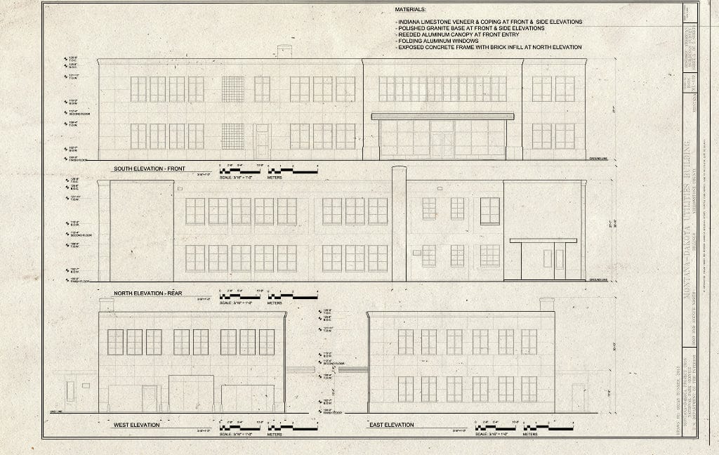 Historic Pictoric : Blueprint South, North, West and East Elevations - Montana-Dakota Utilities Building, 2603 2nd Avenue North, Billings, Yellowstone County, MT