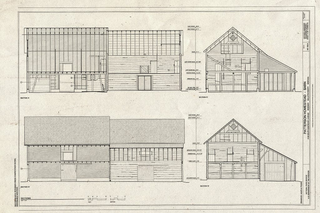 Historic Pictoric : Blueprint Sections - Patterson Homestead, Barn, 5100 South Nineteenth Avenue, Bozeman, Gallatin County, MT