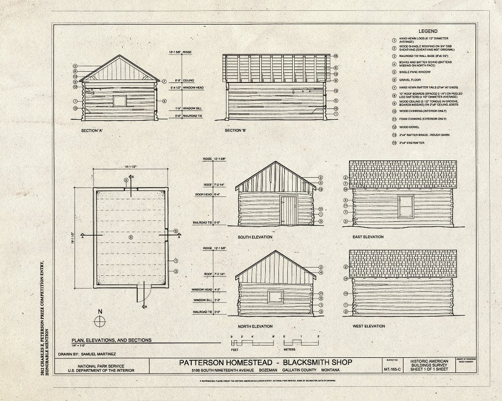 Historic Pictoric : Blueprint Plan, Sections and Elevations - Patterson Homestead, Blacksmith Shop, 5100 South Nineteenth Avenue, Bozeman, Gallatin County, MT