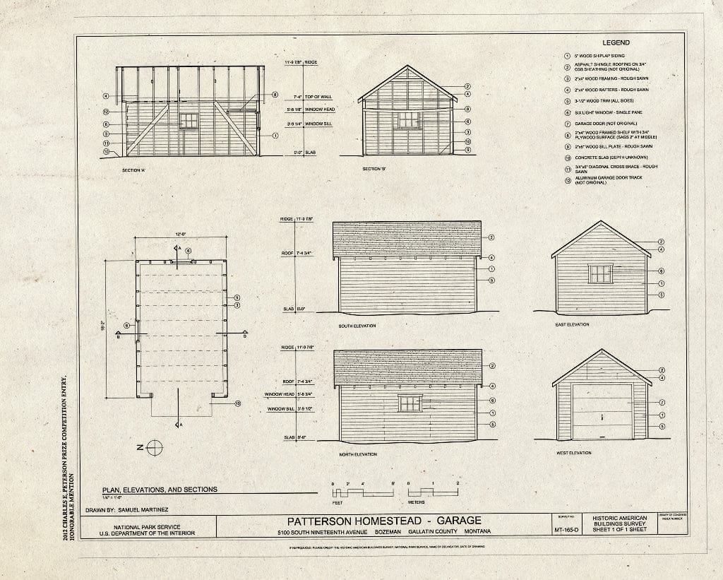 Historic Pictoric : Blueprint Plan, Sections and Elevations - Patterson Homestead, Garage, 5100 South Nineteenth Avenue, Bozeman, Gallatin County, MT