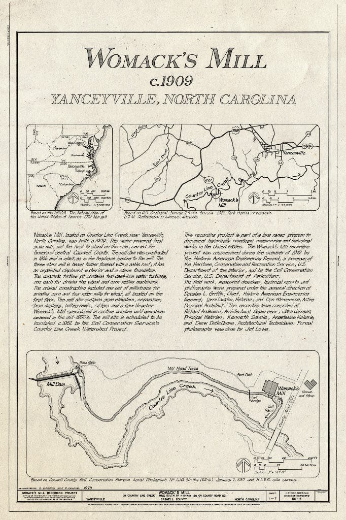 Historic Pictoric : Blueprint HAER NC,17-YANV.V,3- (Sheet 1 of 7) - Womack's Mill, Yanceyville, Caswell County, NC