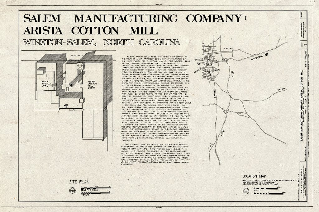 Historic Pictoric : Blueprint HAER NC,34-WINSA,19- (Sheet 1 of 6) - Salem Manufacturing Company, Arista Cotton Mill, Brookstown & Marshall Streets, Winston-Salem, Forsyth County, NC