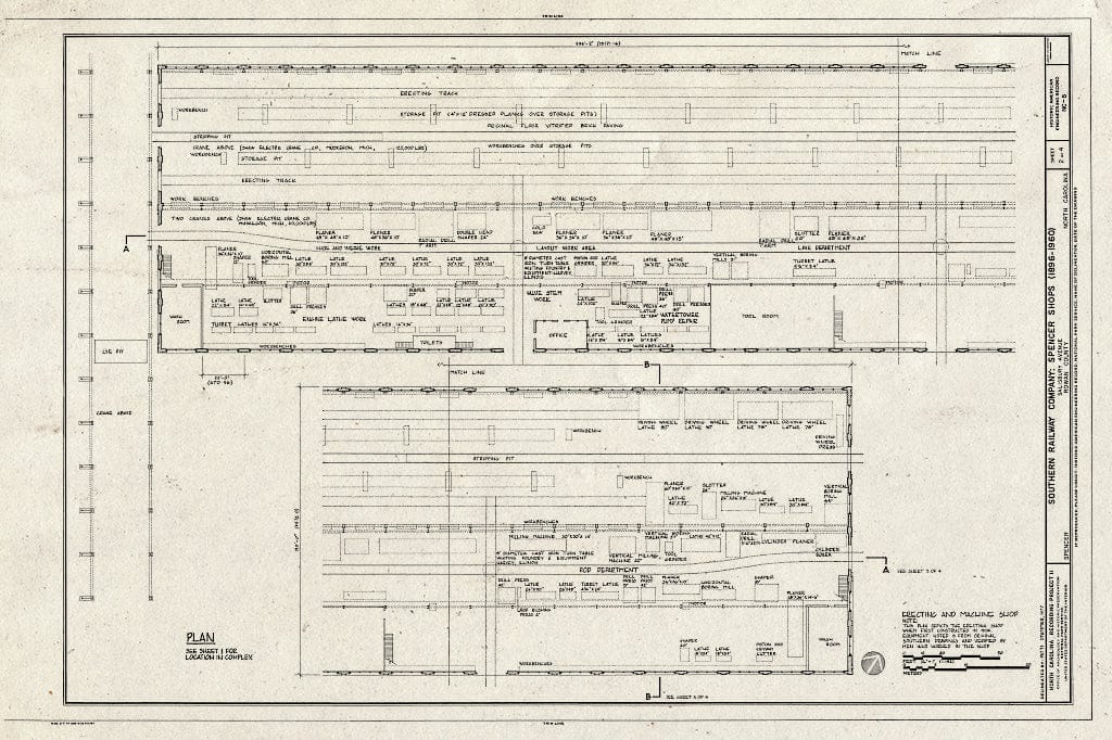 Historic Pictoric : Blueprint Plan, Erecting and Machine Shop - Southern Railway Company, Spencer Shops, Salisbury Avenue Between Third and Eight Streets, Spencer, Rowan County, NC