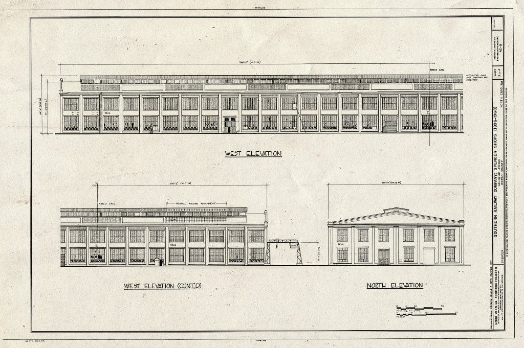 Historic Pictoric : Blueprint West Elevation, North Elevation - Southern Railway Company, Spencer Shops, Salisbury Avenue Between Third and Eight Streets, Spencer, Rowan County, NC