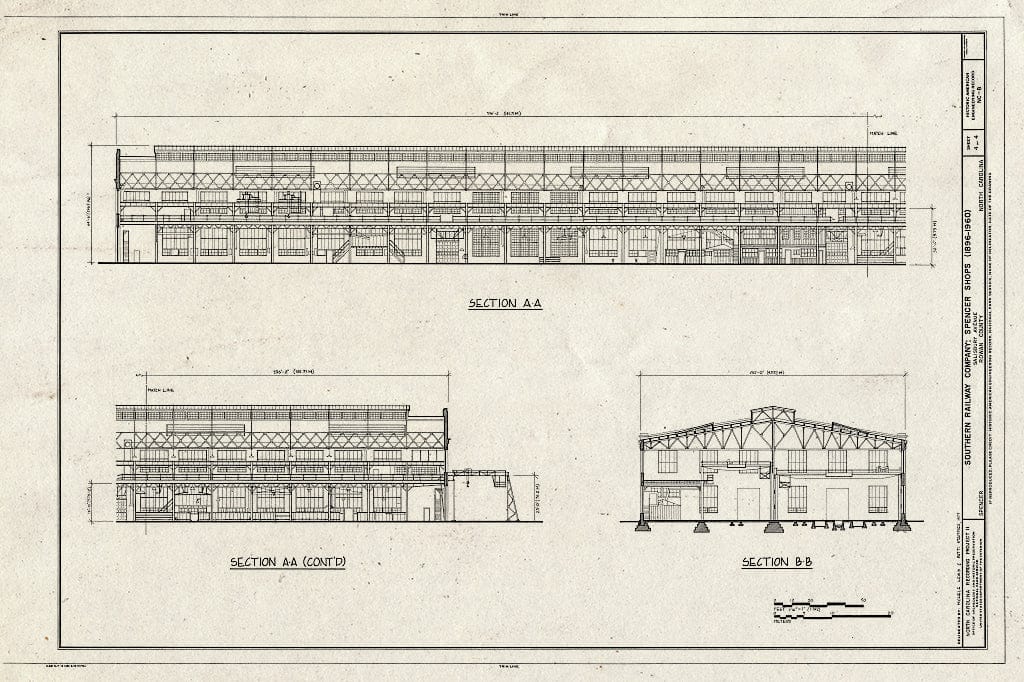 Historic Pictoric : Blueprint Section AA, Section BB - Southern Railway Company, Spencer Shops, Salisbury Avenue Between Third and Eight Streets, Spencer, Rowan County, NC