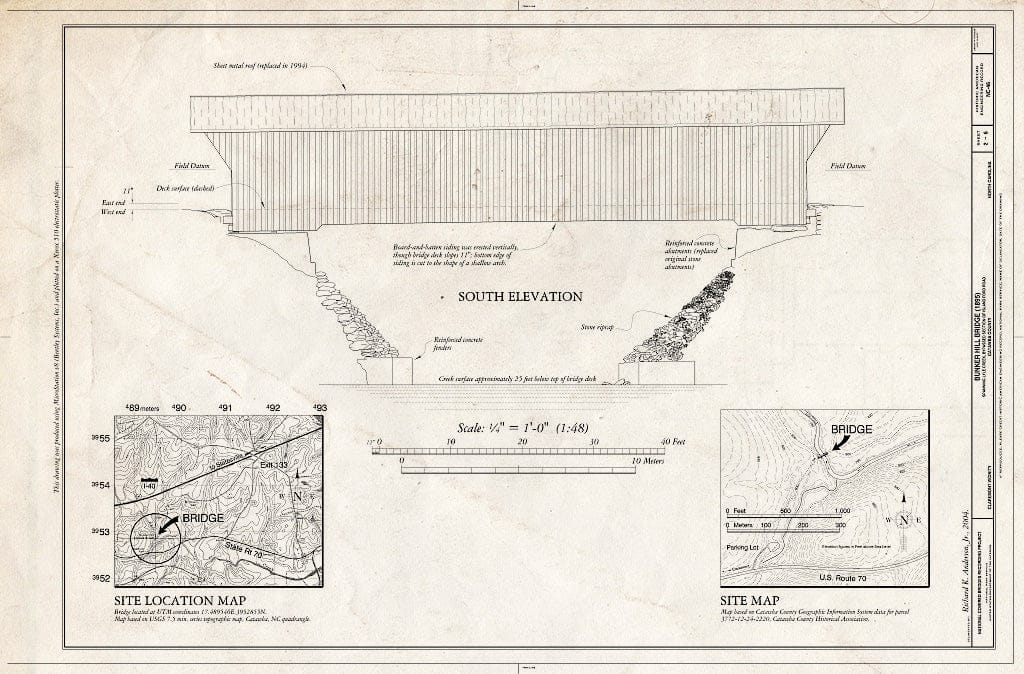 Historic Pictoric : Blueprint South Elevation - Bunker Hill Bridge, Spanning Lyle Creek, bypassed Section of Island Ford Road, Claremont, Catawba County, NC