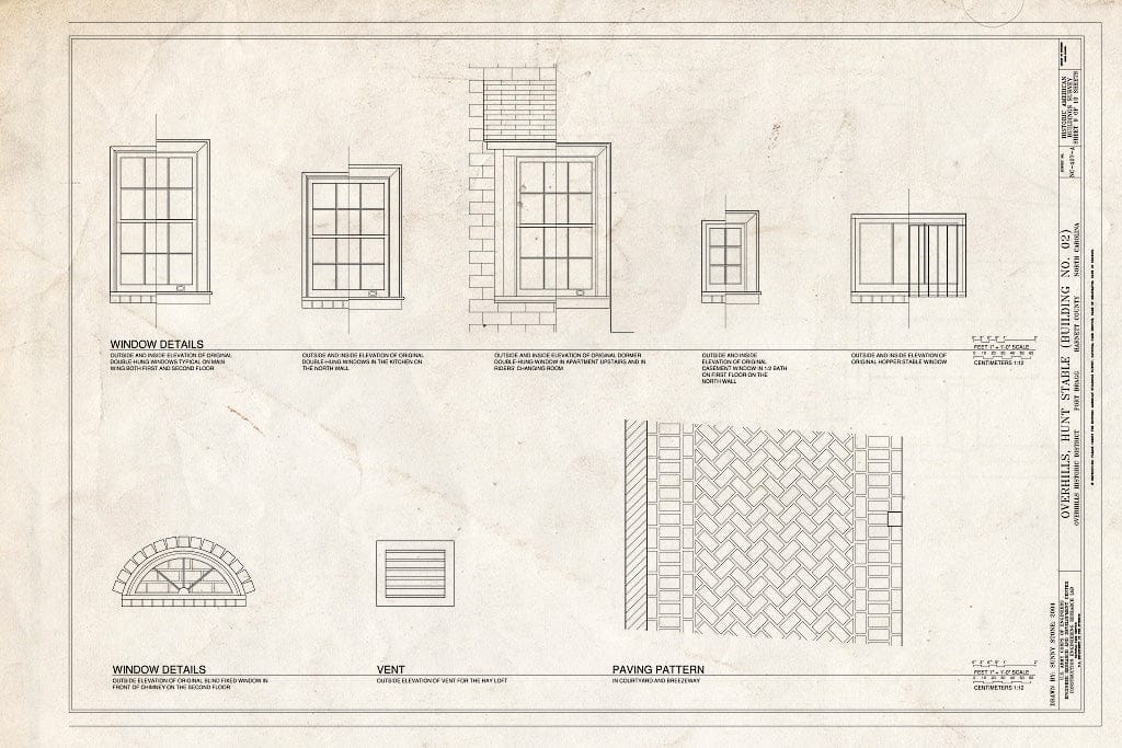 Historic Pictoric : Blueprint Window Details, Vent, and Paving Pattern - Overhills, Hunt Stable, East of Nursery Road, Overhills, Harnett County, NC