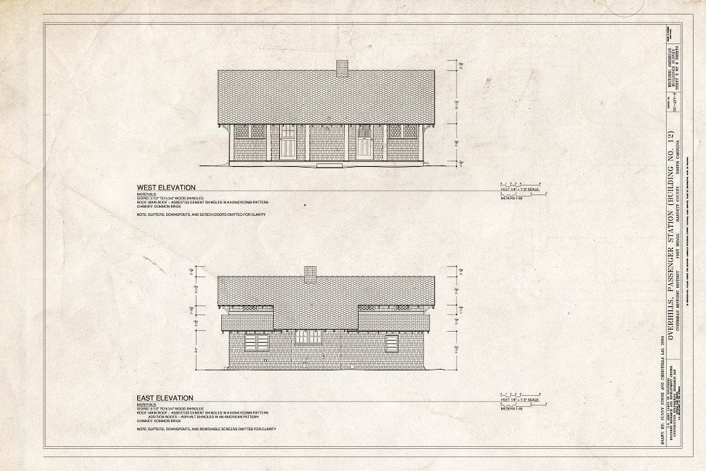 Historic Pictoric : Blueprint West & East Elevation - Overhills, Passenger Station, West of Nursery Road & North of Thurman Road, Overhills, Harnett County, NC