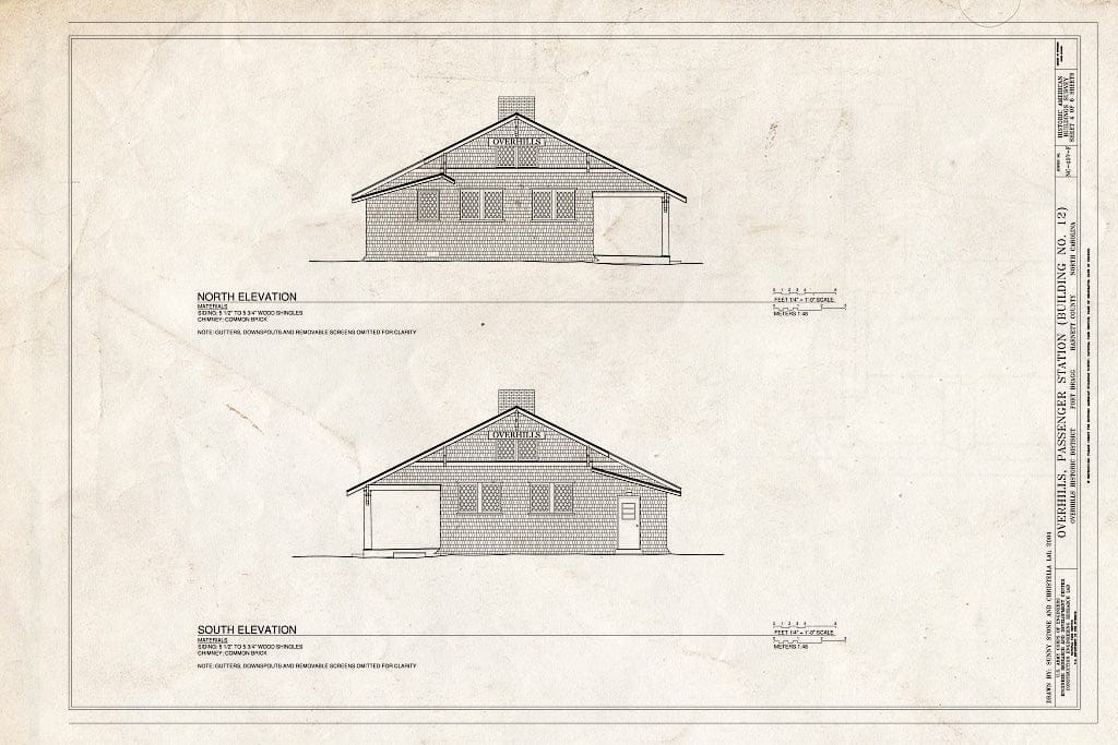 Historic Pictoric : Blueprint North & South Elevation - Overhills, Passenger Station, West of Nursery Road & North of Thurman Road, Overhills, Harnett County, NC