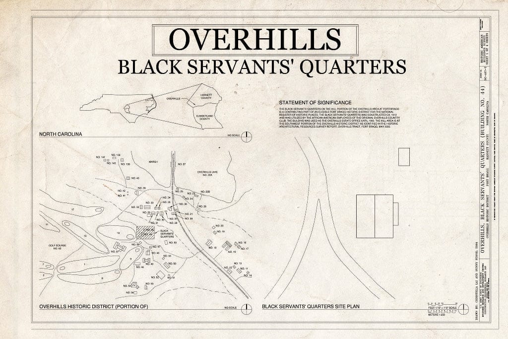 Historic Pictoric : Blueprint Site Plan - Overhills, Black Servant's Quarters, West of Thurman Road & East of Overhills Golf Course, Overhills, Harnett County, NC