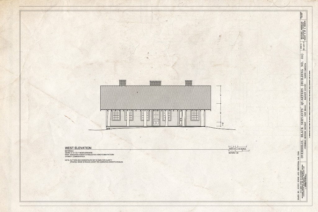 Historic Pictoric : Blueprint West Elevation - Overhills, Black Servant's Quarters, West of Thurman Road & East of Overhills Golf Course, Overhills, Harnett County, NC