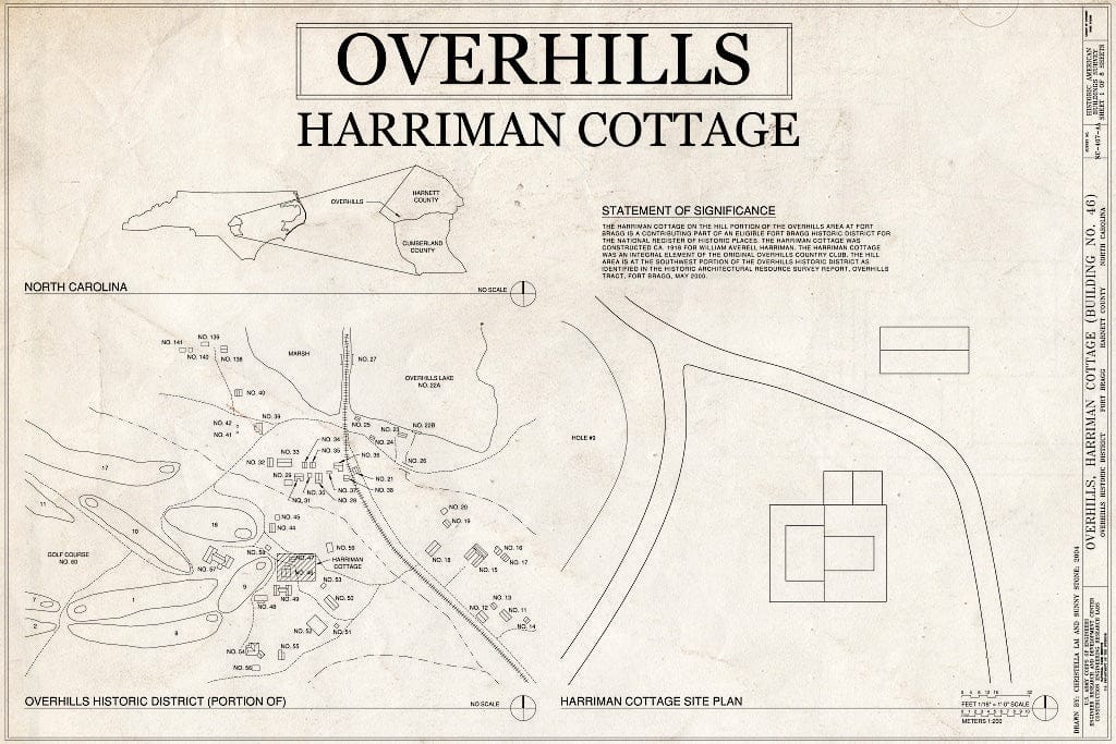 Historic Pictoric : Blueprint Site Plan - Overhills, Harriman Cottage, West of Thurman Road & East of Overhills Golf Course, Overhills, Harnett County, NC