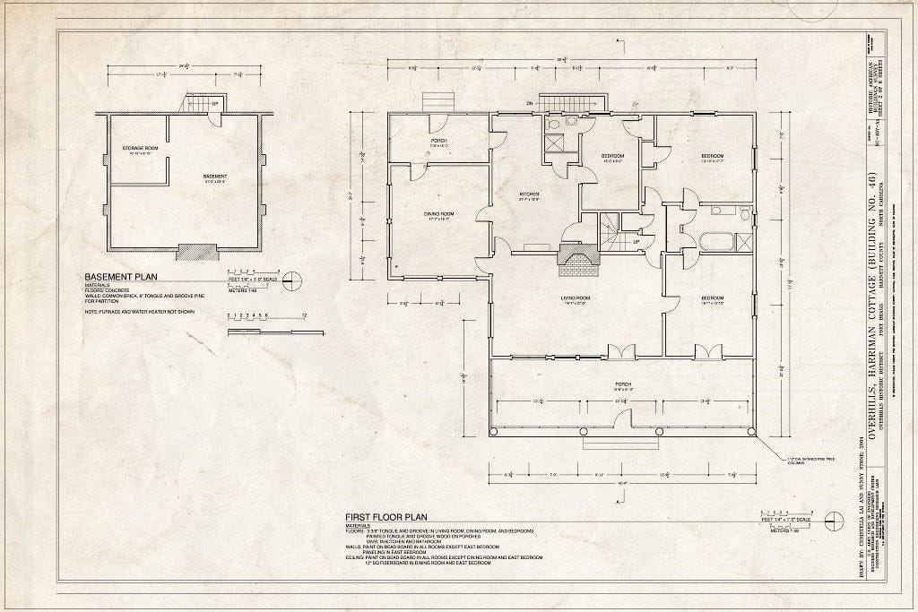 Historic Pictoric : Blueprint Basement & First Floor Plan - Overhills, Harriman Cottage, West of Thurman Road & East of Overhills Golf Course, Overhills, Harnett County, NC