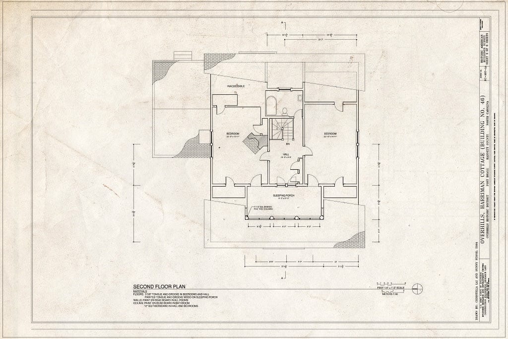 Historic Pictoric : Blueprint Second Floor Plan - Overhills, Harriman Cottage, West of Thurman Road & East of Overhills Golf Course, Overhills, Harnett County, NC