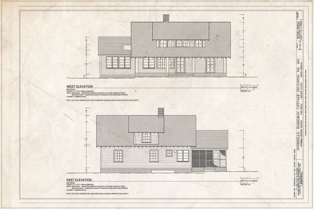 Historic Pictoric : Blueprint West & East Elevations - Overhills, Harriman Cottage, West of Thurman Road & East of Overhills Golf Course, Overhills, Harnett County, NC