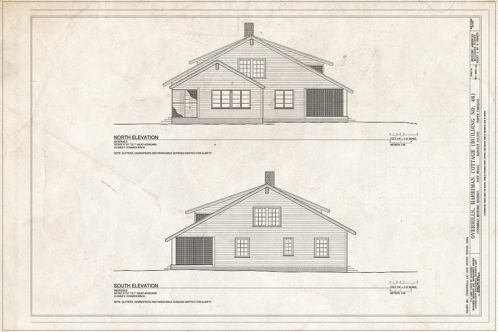 Historic Pictoric : Blueprint North & South Elevations - Overhills, Harriman Cottage, West of Thurman Road & East of Overhills Golf Course, Overhills, Harnett County, NC