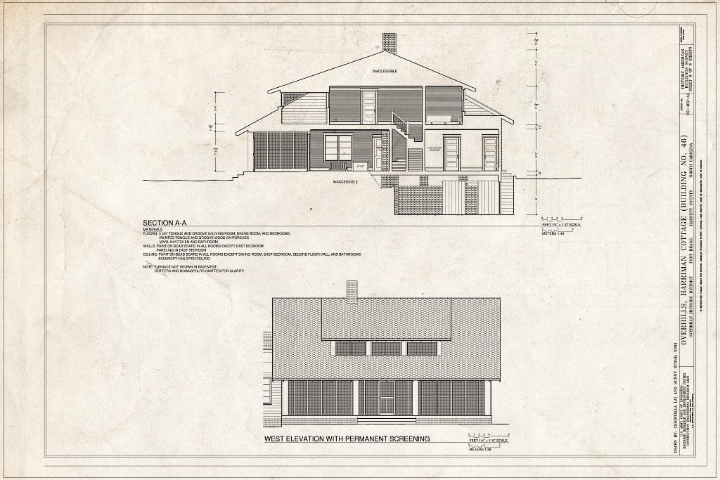 Historic Pictoric : Blueprint Section and West Elevation with Permanent Screening - Overhills, Harriman Cottage, West of Thurman Road & East of Overhills Golf Course, Overhills, Harnett County, NC