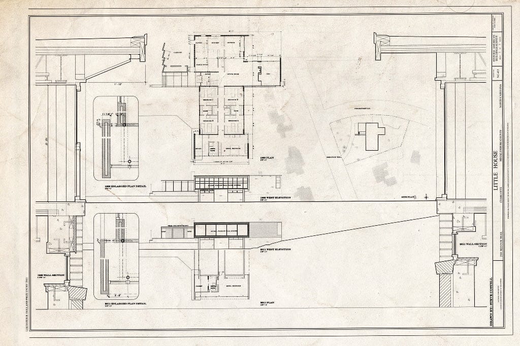 Historic Pictoric : Blueprint West Elevation, site Plan, Floor Plans - Little House, 2301 Red Fox Trail, Charlotte, Mecklenburg County, NC