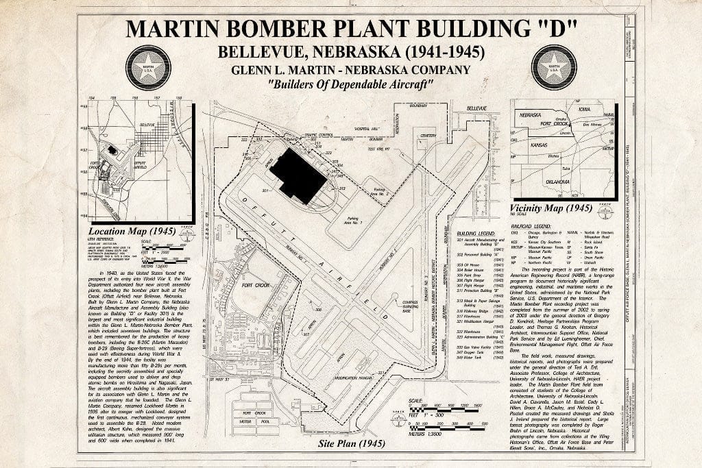 Historic Pictoric : Blueprint Statement of Significance & Site Plan - Offutt Air Force Base, Glenn L. Martin-Nebraska Bomber Plant, Building D, Peacekeeper Drive, Bellevue, Sarpy County, NE