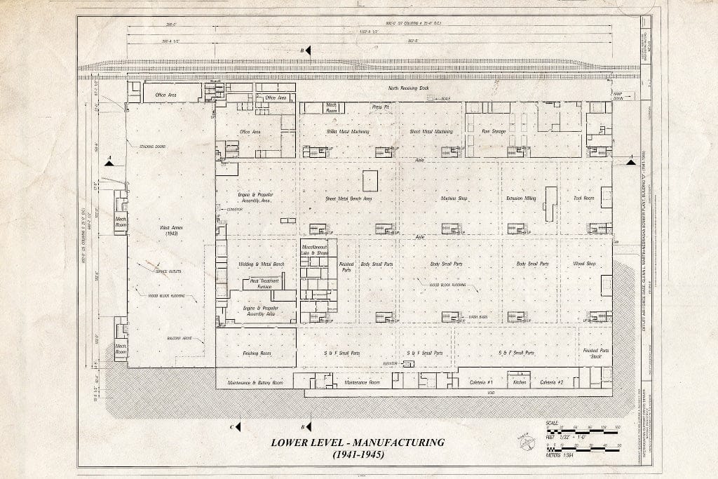 Historic Pictoric : Blueprint Lower Level - Manufacturing - Offutt Air Force Base, Glenn L. Martin-Nebraska Bomber Plant, Building D, Peacekeeper Drive, Bellevue, Sarpy County, NE