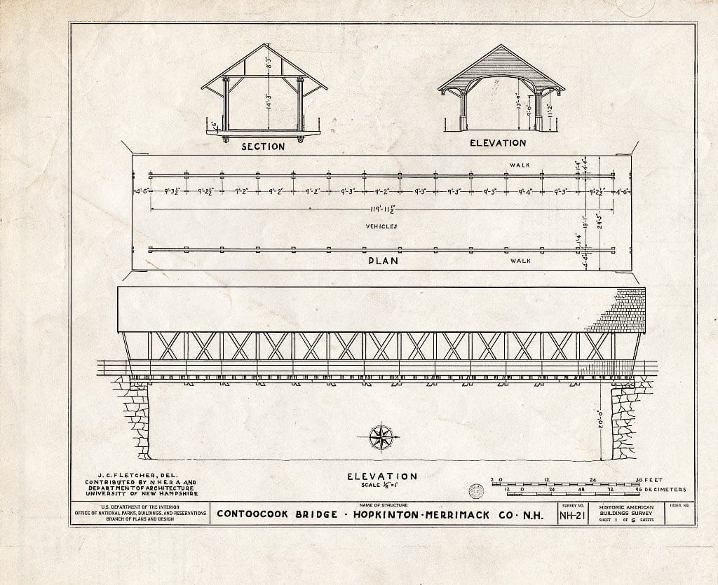 Historic Pictoric : Blueprint Section, Elevations, Plan - Contoocook Covered Bridge, Spanning Contoocook River, Hopkinton, Merrimack County, NH