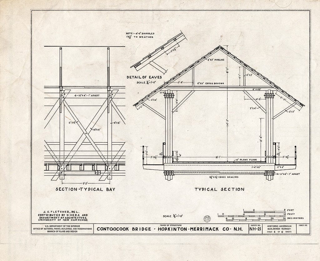 Historic Pictoric : Blueprint Section-Typical Bay, Typical Section - Contoocook Covered Bridge, Spanning Contoocook River, Hopkinton, Merrimack County, NH