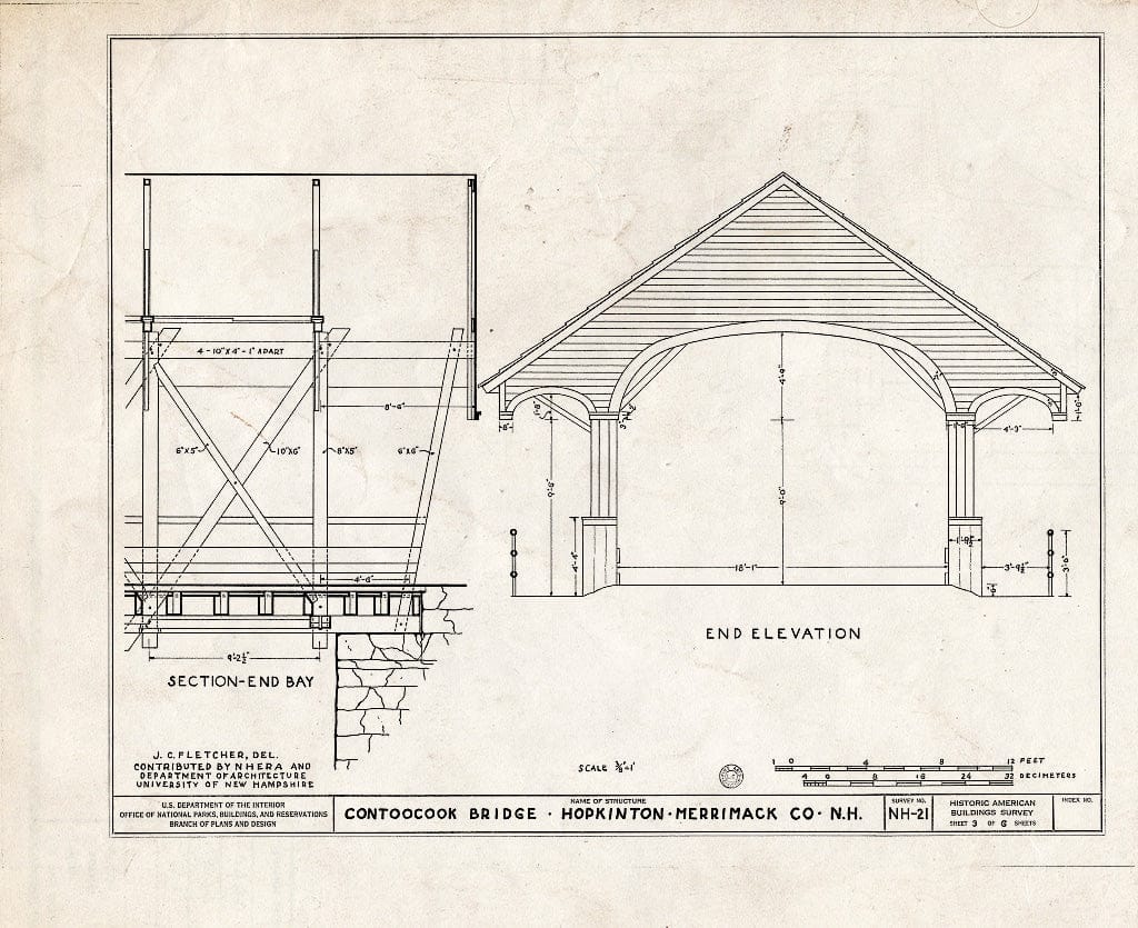 Historic Pictoric : Blueprint Section-End Bay, End Elevation - Contoocook Covered Bridge, Spanning Contoocook River, Hopkinton, Merrimack County, NH