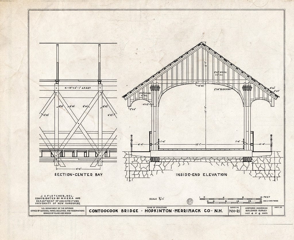 Historic Pictoric : Blueprint Section-Center Bay, Inside-End Elevation - Contoocook Covered Bridge, Spanning Contoocook River, Hopkinton, Merrimack County, NH